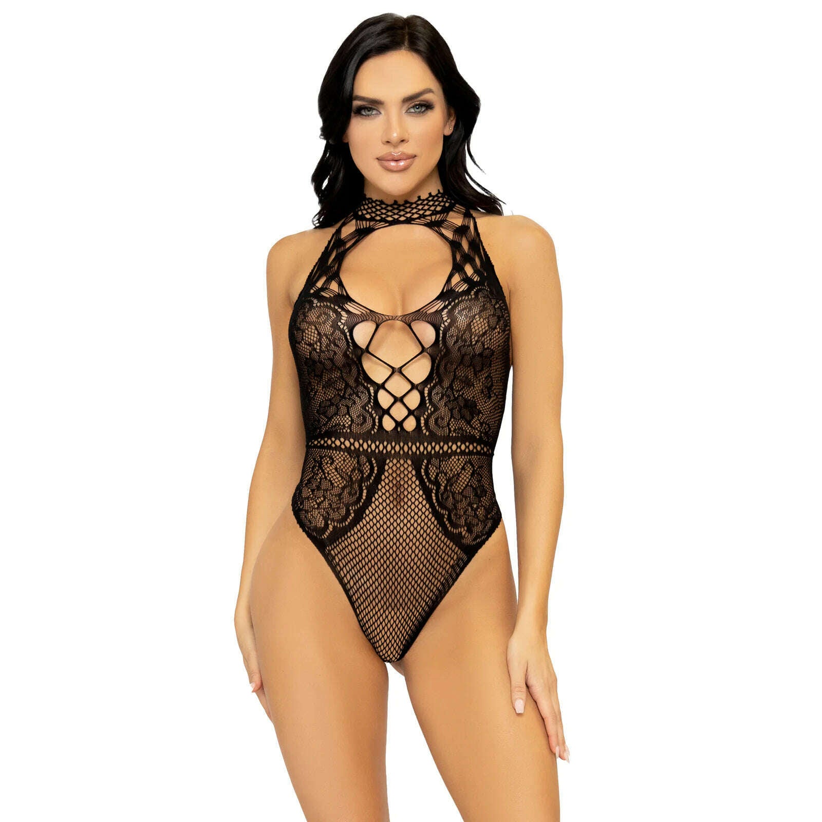 Net & Lace Keyhole Halter Bodysuit