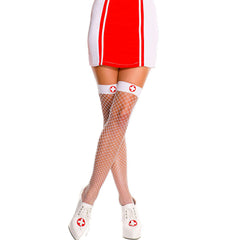 Nurse Spandex White & Red Diamond Net Thigh Highs