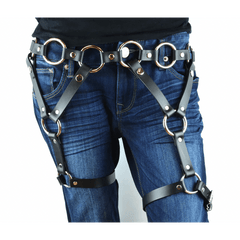 O-Ring Black Leather Belt with Double 2 Ring Leg Harness