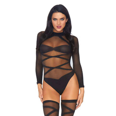 Opaque Sheer Criss Cross Body Suit & Thigh Highs