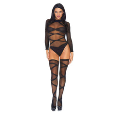 Opaque Sheer Criss Cross Body Suit & Thigh Highs