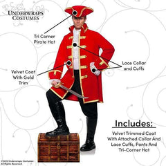 Pirate Captain w/ Red Velvet Coat & Hat Adult Costume