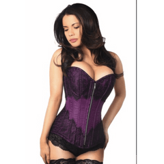 Plum Brocade Steel Boned Corset with Black Eyelash Lace