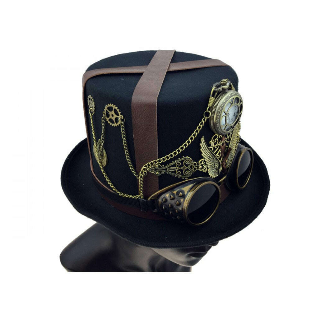 Premium Black Steampunk Hat w/ Attached Goggles, Gears, Chains, and Pocket Watch