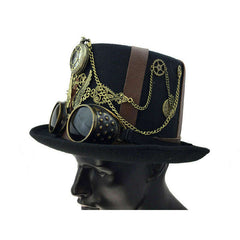 Premium Black Steampunk Hat w/ Attached Goggles, Gears, Chains, and Pocket Watch