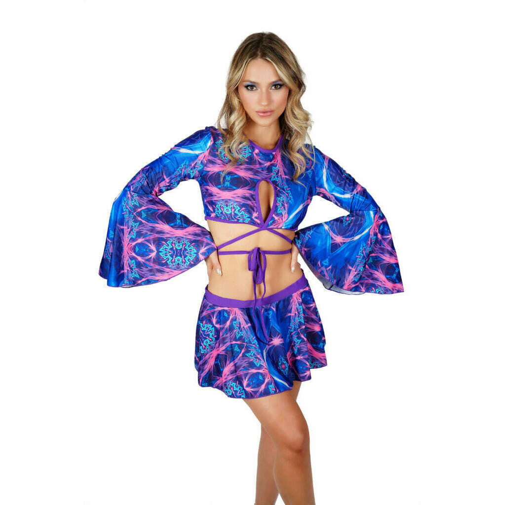 Psychedelic Blue Swirl Tie Dye Keyhole Crop Top & Skirt Set