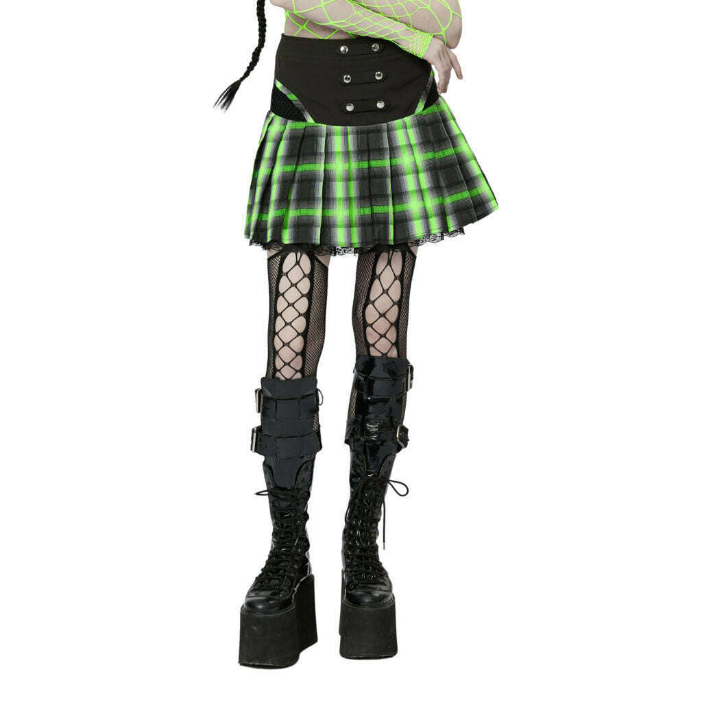 Punk Plaid Black & Green Pleated Skirt