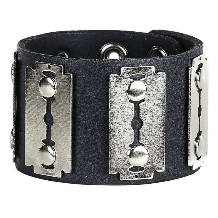 Razor Blade Black Leather Snap Bracelet