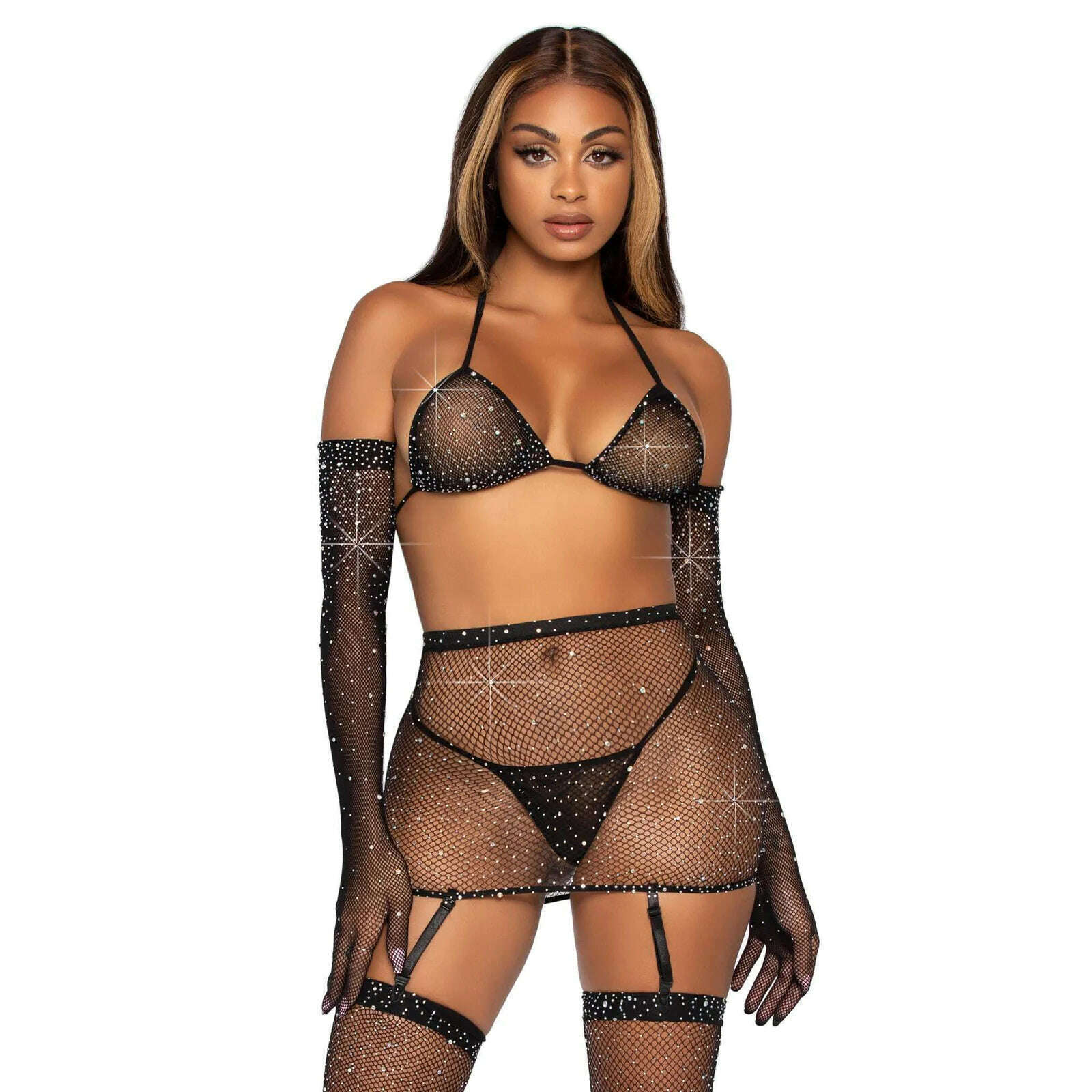 Rhinestone Fishnet Garter Skirt Set