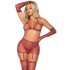 Rhinestone Fishnet Garter Skirt Set