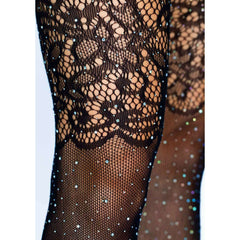 Rhinestone Fishnet Stockings w/ Jacquard Lace Top