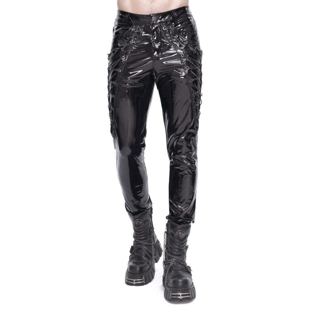 Shiny Vegan Leather Side Laced Men's Skinny Pants