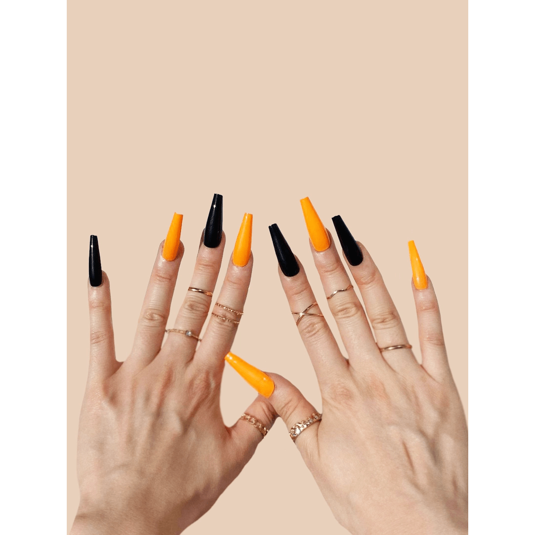 Spooky Long Black & Orange Coffin Shaped Press On Nails