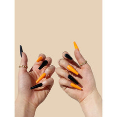 Spooky Long Black & Orange Coffin Shaped Press On Nails