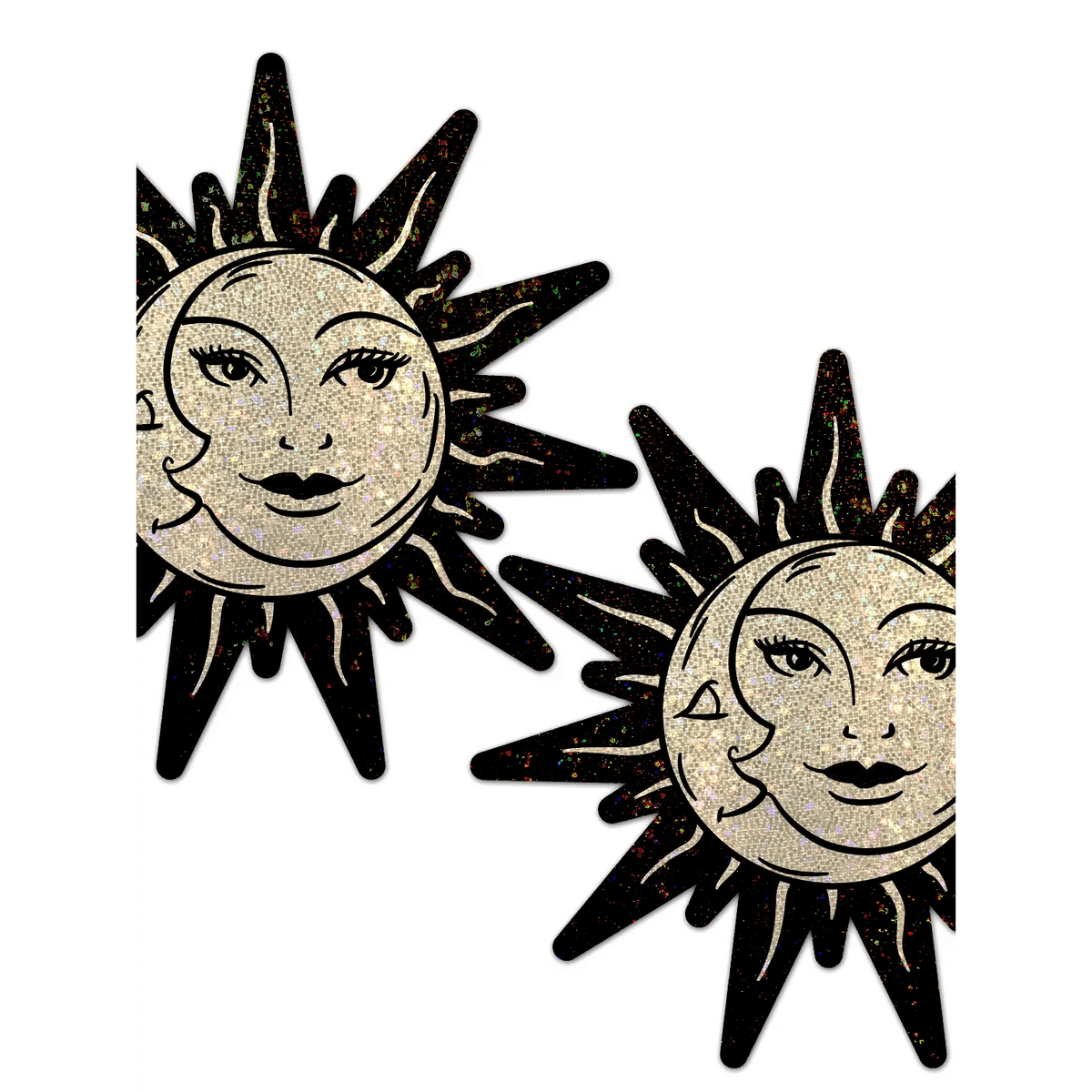 Sun & Moon Faces on Gold Glitter Sun Nipple Pasties