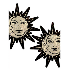 Sun & Moon Faces on Gold Glitter Sun Nipple Pasties