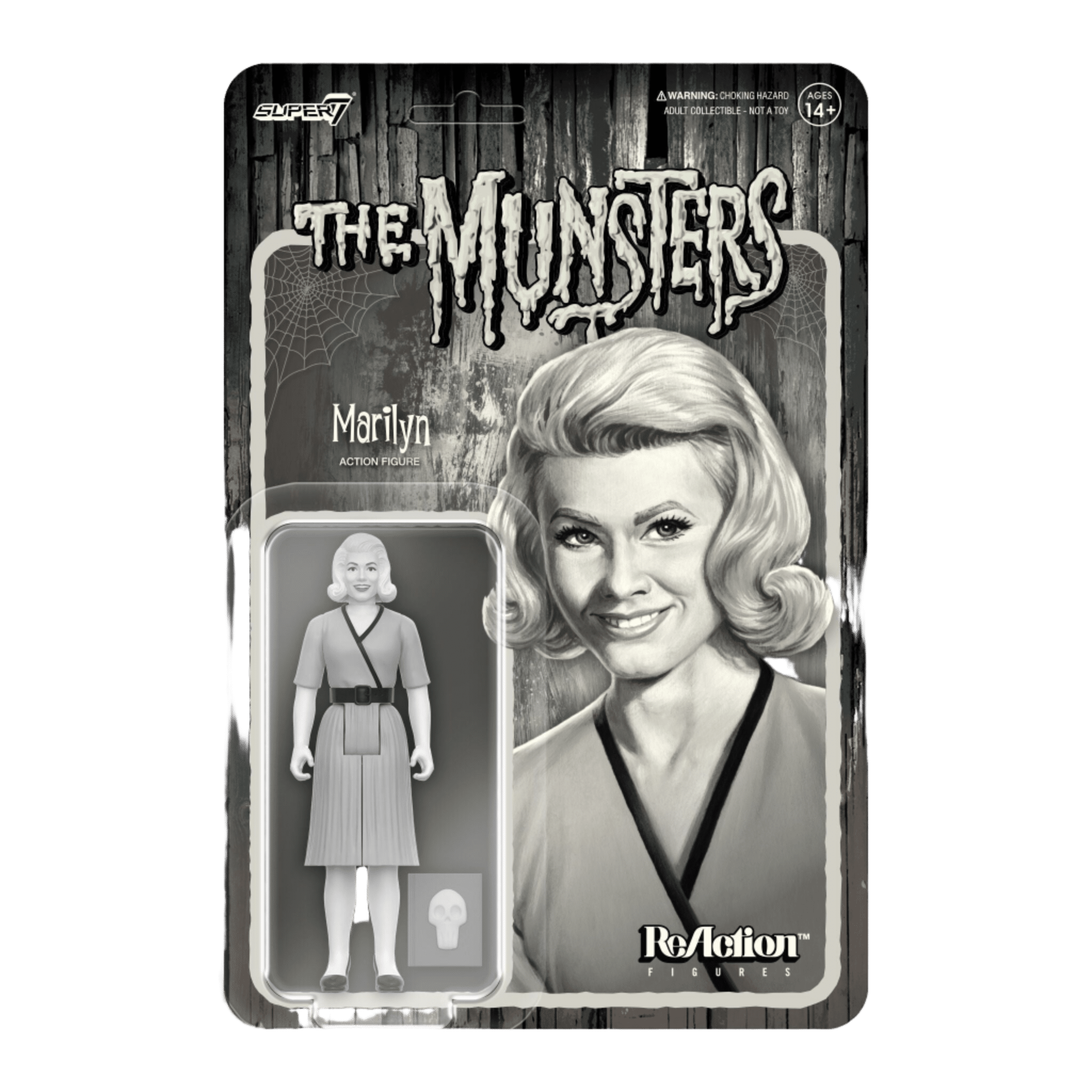 The Munsters: Greyscale 3.75" Marilyn Munster Greyscale Reaction Collectible Action Figure & Skull Book