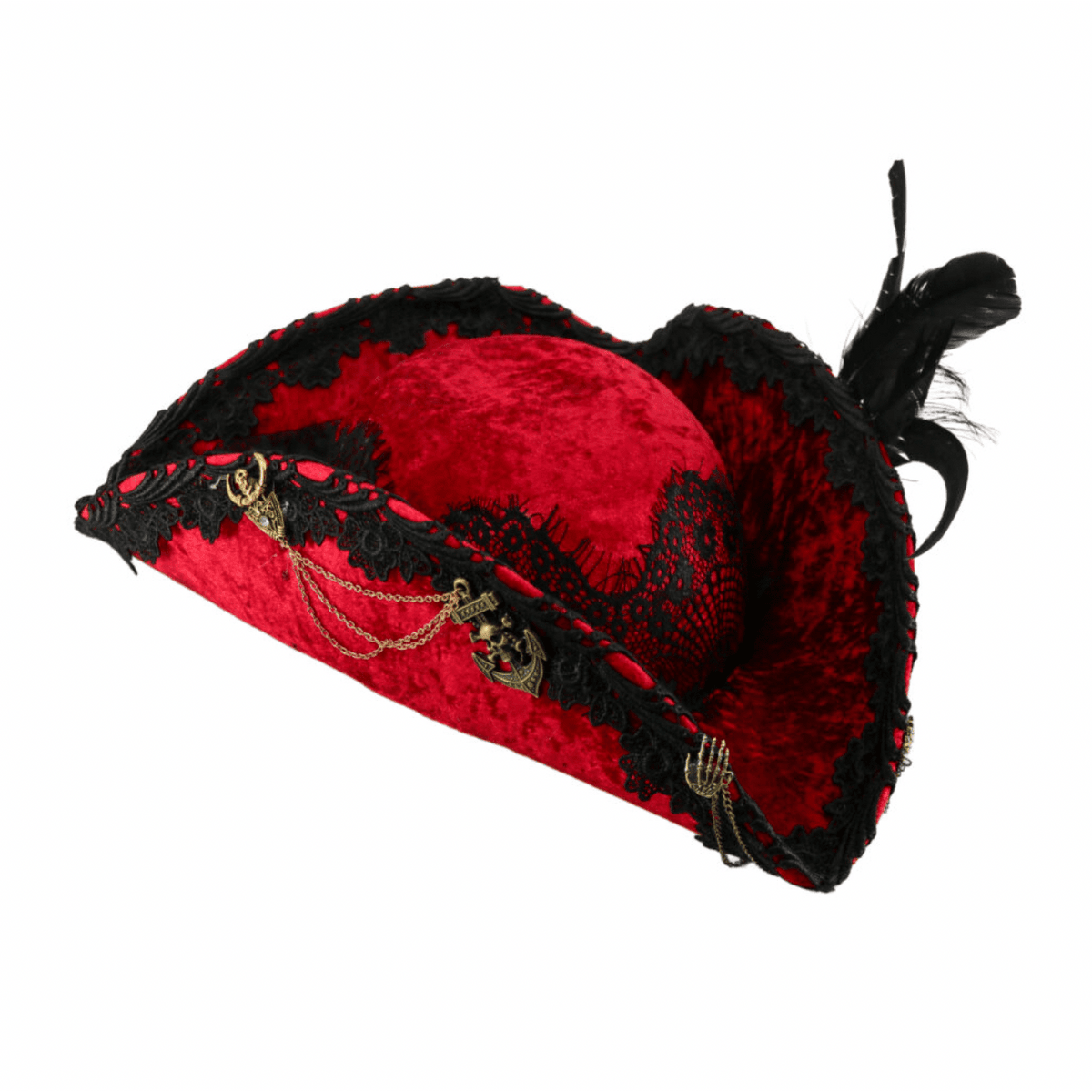 Vibrant Velvet Lace Trim Feather Pirate Hat