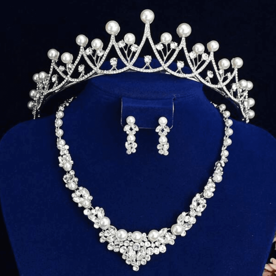 White Alternating Pearl Tiara, Necklace and Earring Set