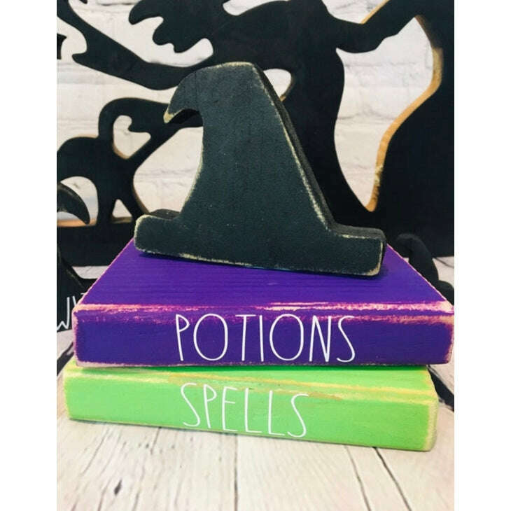 Witchy Halloween Decor Spellbook Book Stack w/ Witch Hat