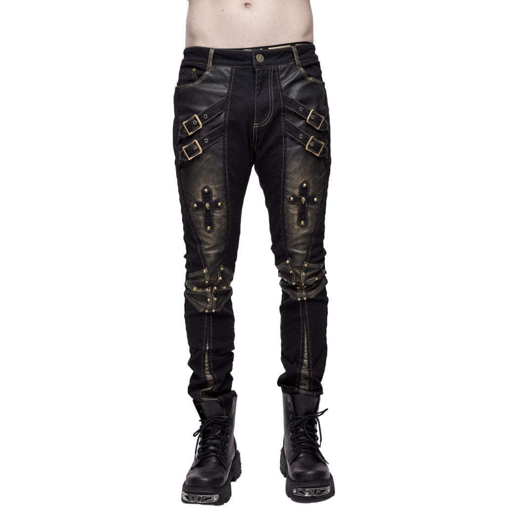 Men's Gold Metallic Punk Trousers with Buckle Detail