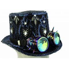 Burning Man Peacock Blue Sequin Top Hat w/ Spiked Goggles