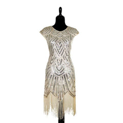 Dazzling Beige Silver Beaded Flapper Fringe Dress