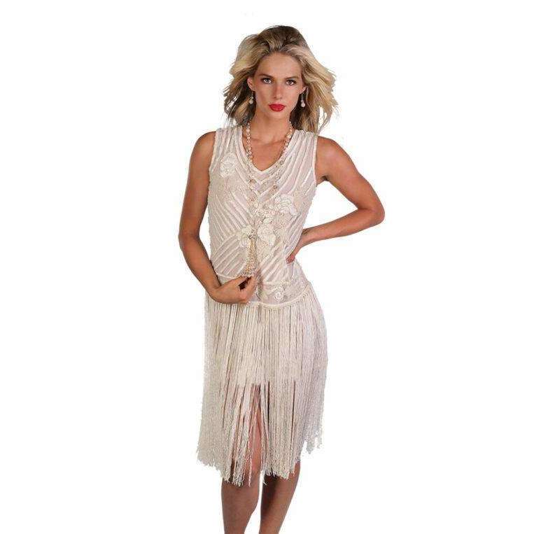 White Long Fringe Flapper Dress