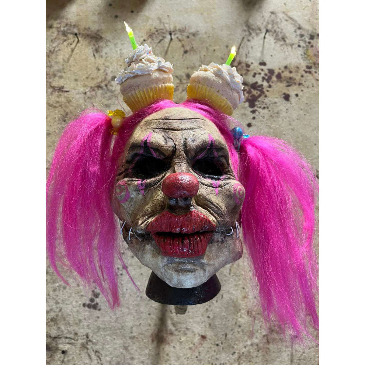 Cupcake Pink Hair Light Up Moving Jaw Scary Clown Mask