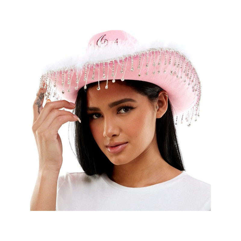 Flaming Rhinestone Fringe Cowboy Hat w/ Feathers