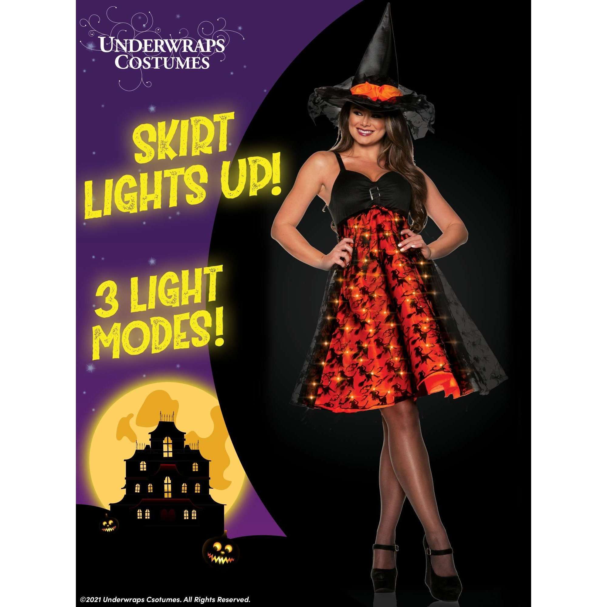 Bobbity Black & Orange Witch Light Up Skirt Women's Adult Costume w/ Witch's Hat