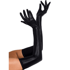 Black Wet Look Elbow Length Gloves