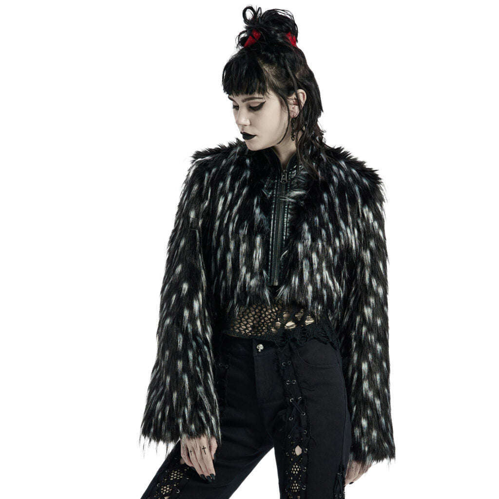 Punk Rave Goth Dark Plush Faux Fur Crop Jacket