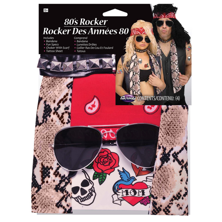 80's Rocker Bandana, Scarf, Sunglasses & Tattoos Instant Kit