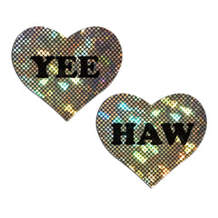 YEE HAW' in Black on Gold Glitter Disco Heart Nipple Pasties