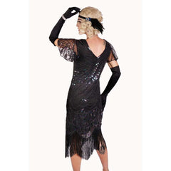 Black Beaded Flapper Mesh Sleeve Dress