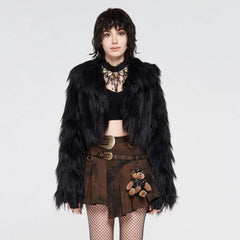 Punk Rave Simple Punk Black Faux Fur Coat