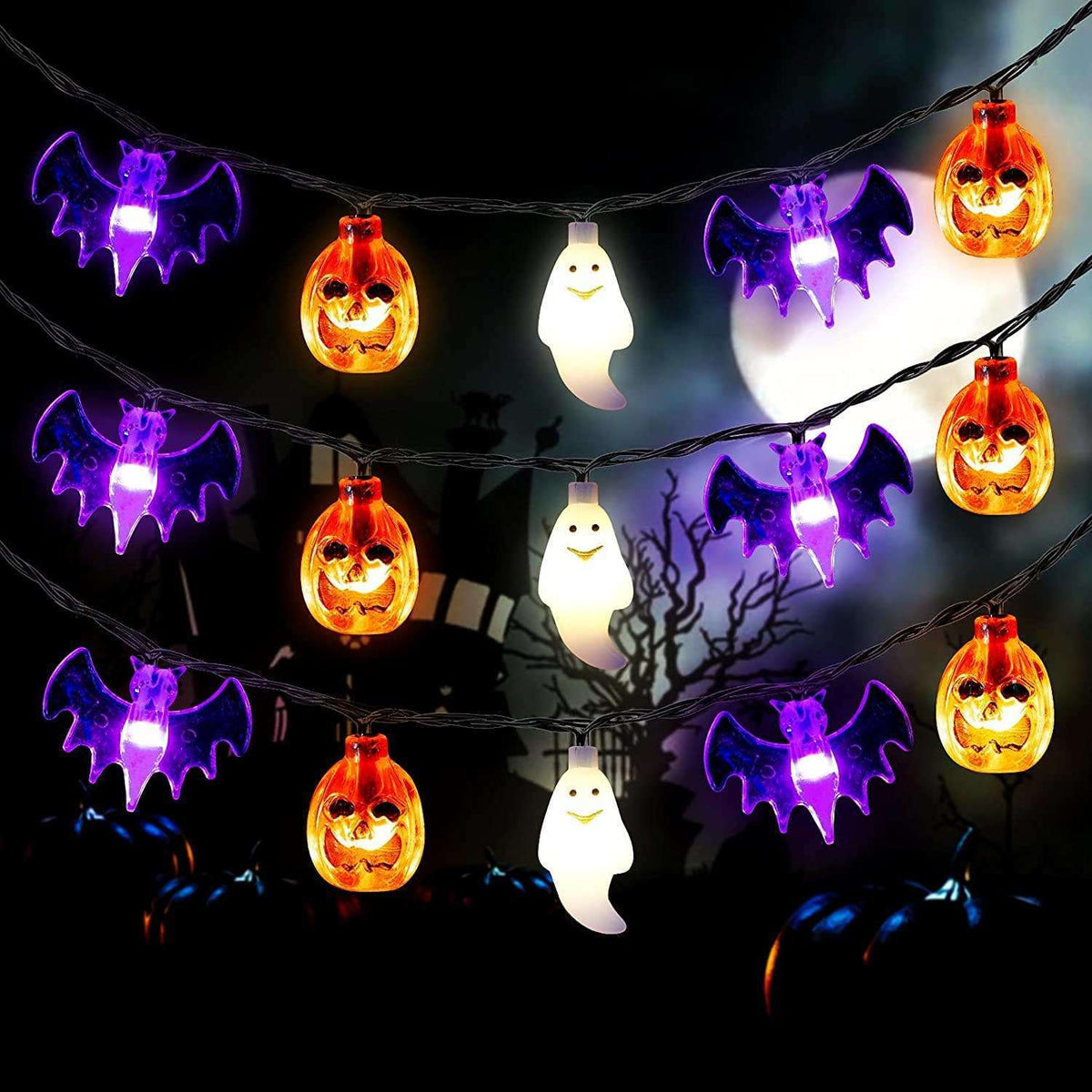 Pumpkin, Bat, Ghost String Lights