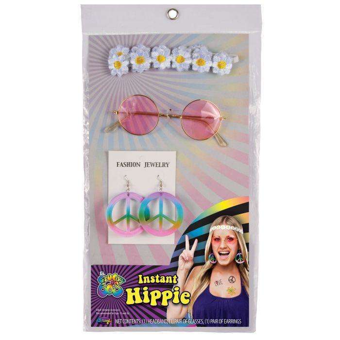 Instant Hippie Kit w/ Flower Headband, Glasses & Peace Sign Earrings