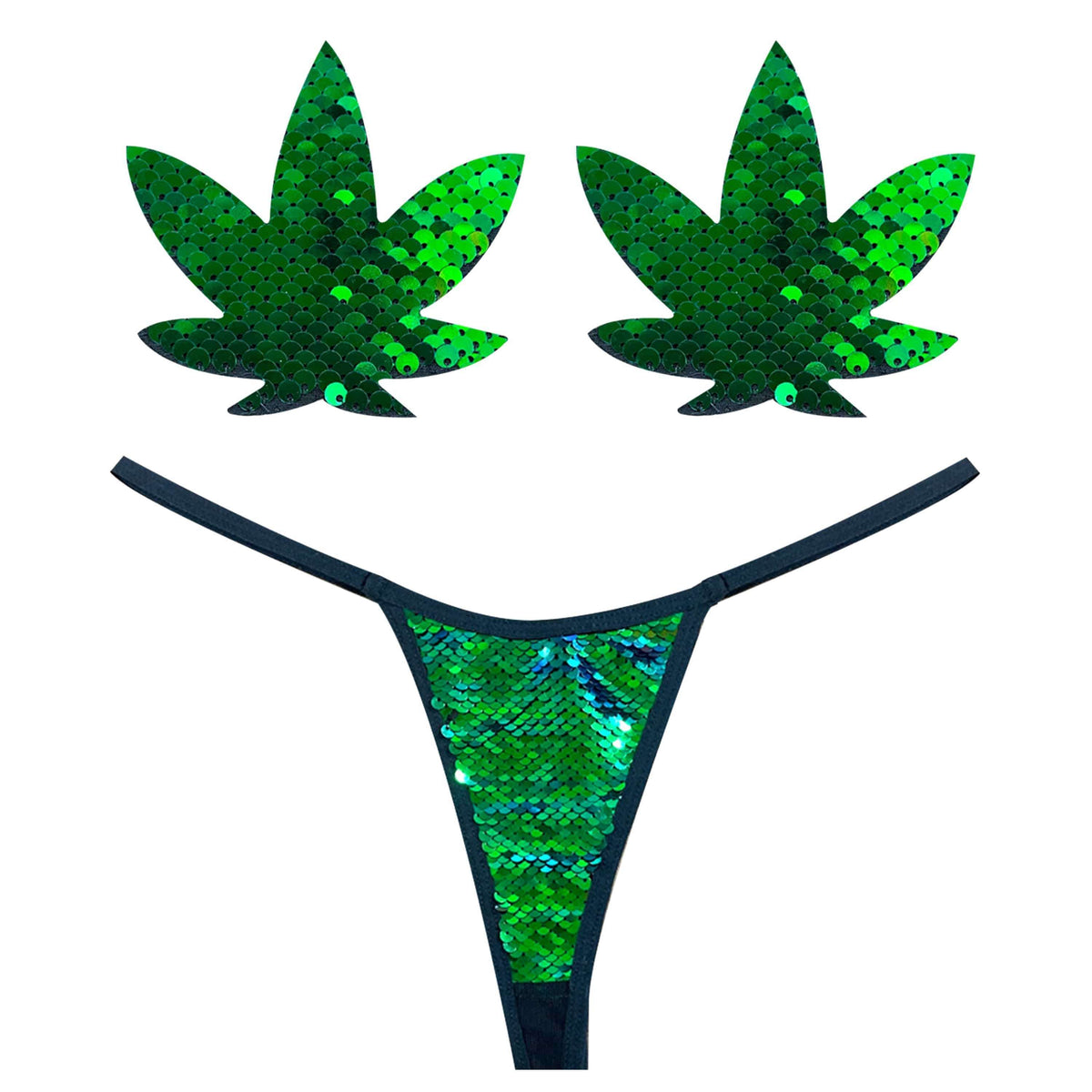 Ariel Green Sequin Weed Leaf Pastie and Pantie Lingerie Set