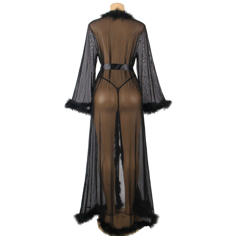 Long Sheer Robe with Fur Trim