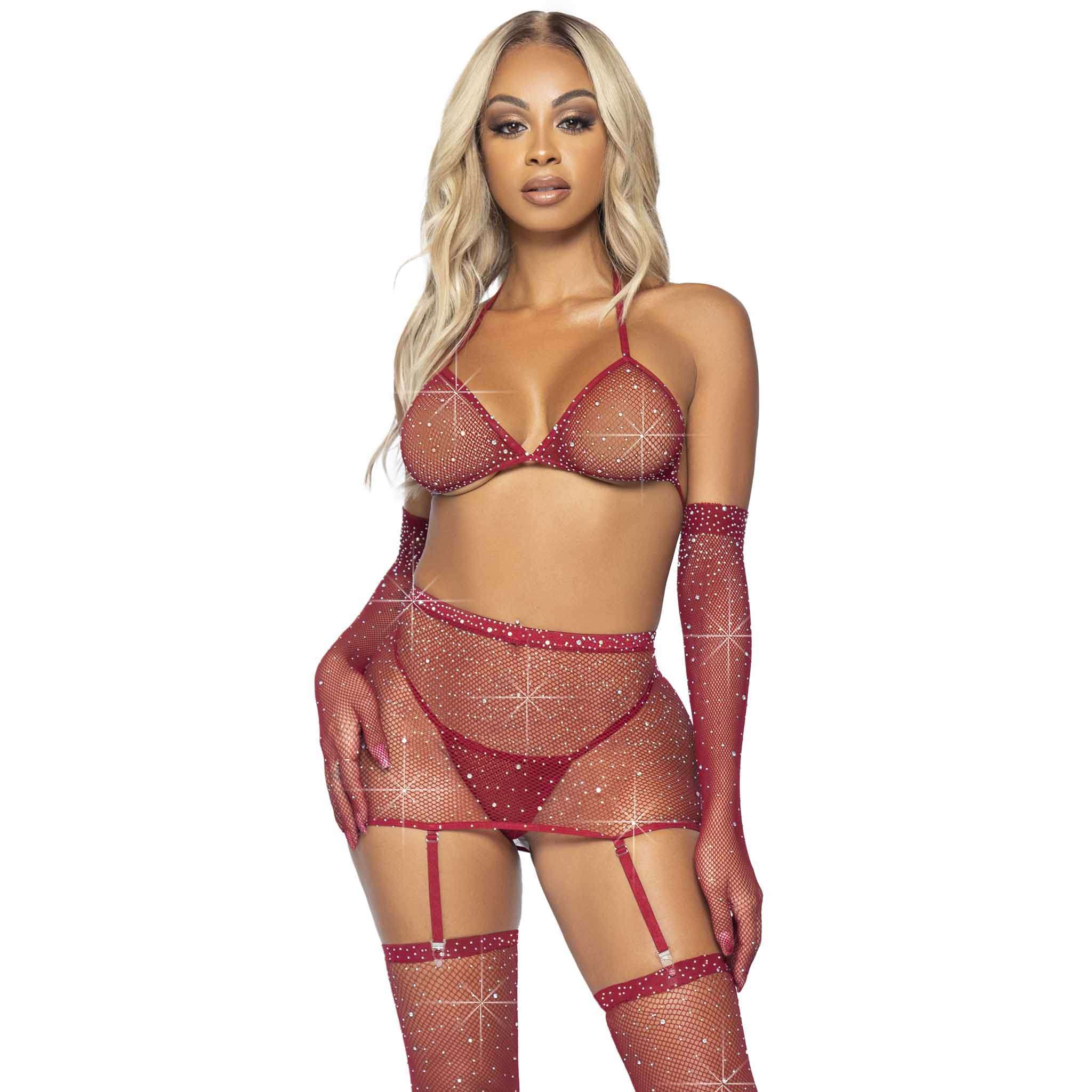 Rhinestone Fishnet Garter Skirt Set