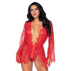 Floral Lace Adjustable Teddy w/ Cheeky Thong & Matching Lace Robe