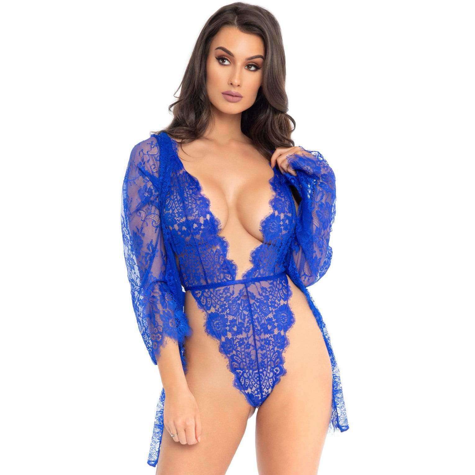 Floral Lace Adjustable Teddy w/ Cheeky Thong & Matching Lace Robe