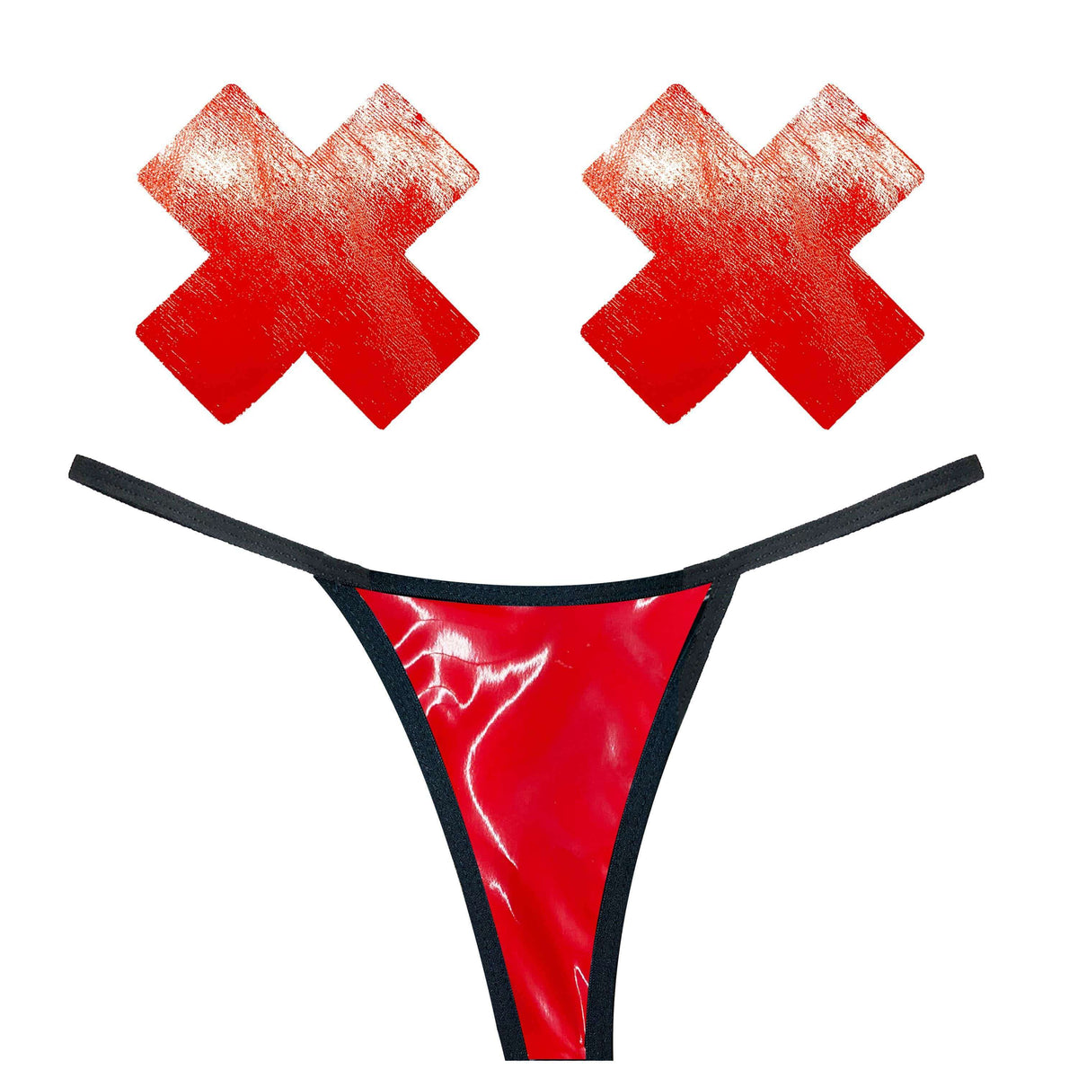 Vixen Red Wet Vinyl Pastie and Pantie Lingerie Set