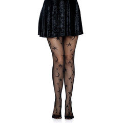 Celestial Fishnet Tights w/ Moons & Stars Pattern