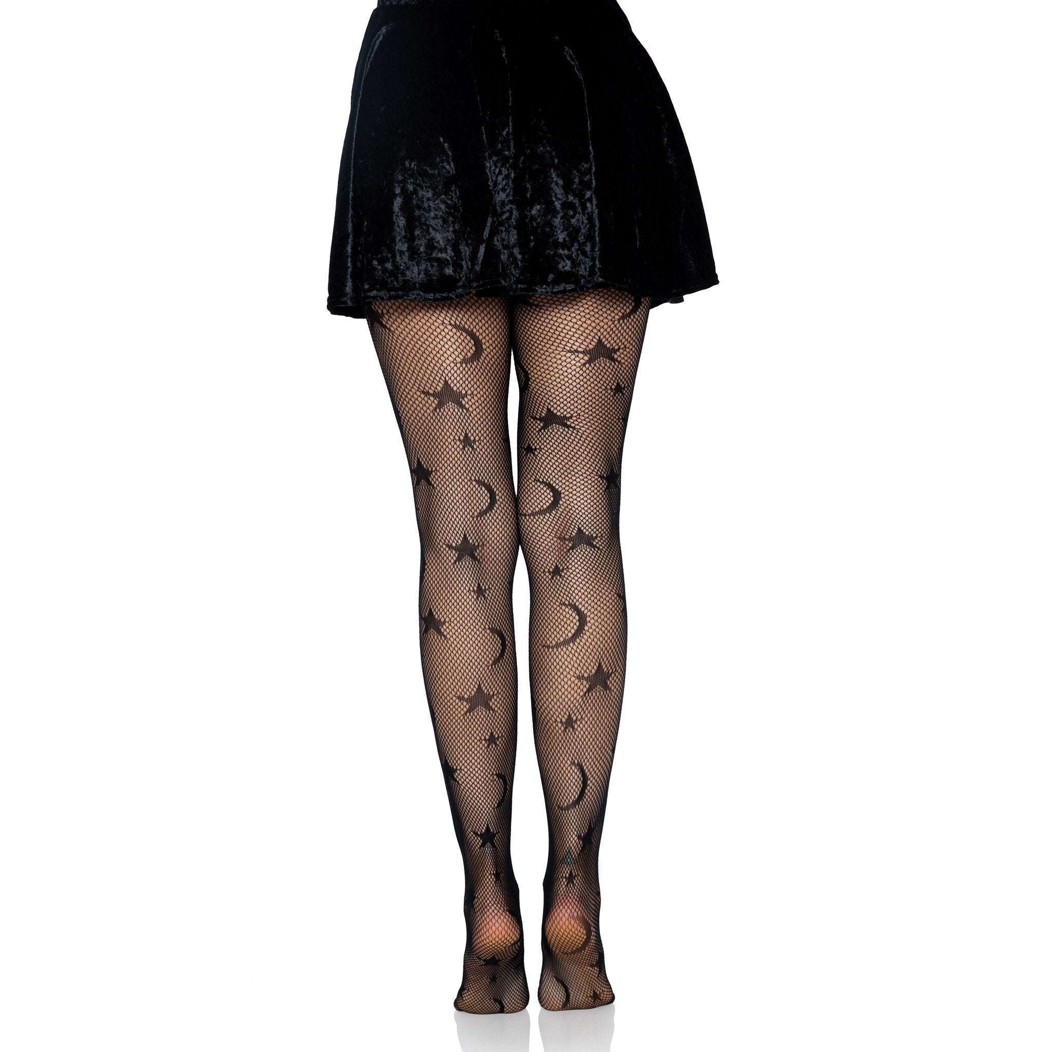 Celestial Fishnet Tights w/ Moons & Stars Pattern