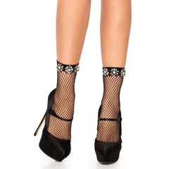 Fishnet Anklets w/ Rhinestone Flower Jewel Accents