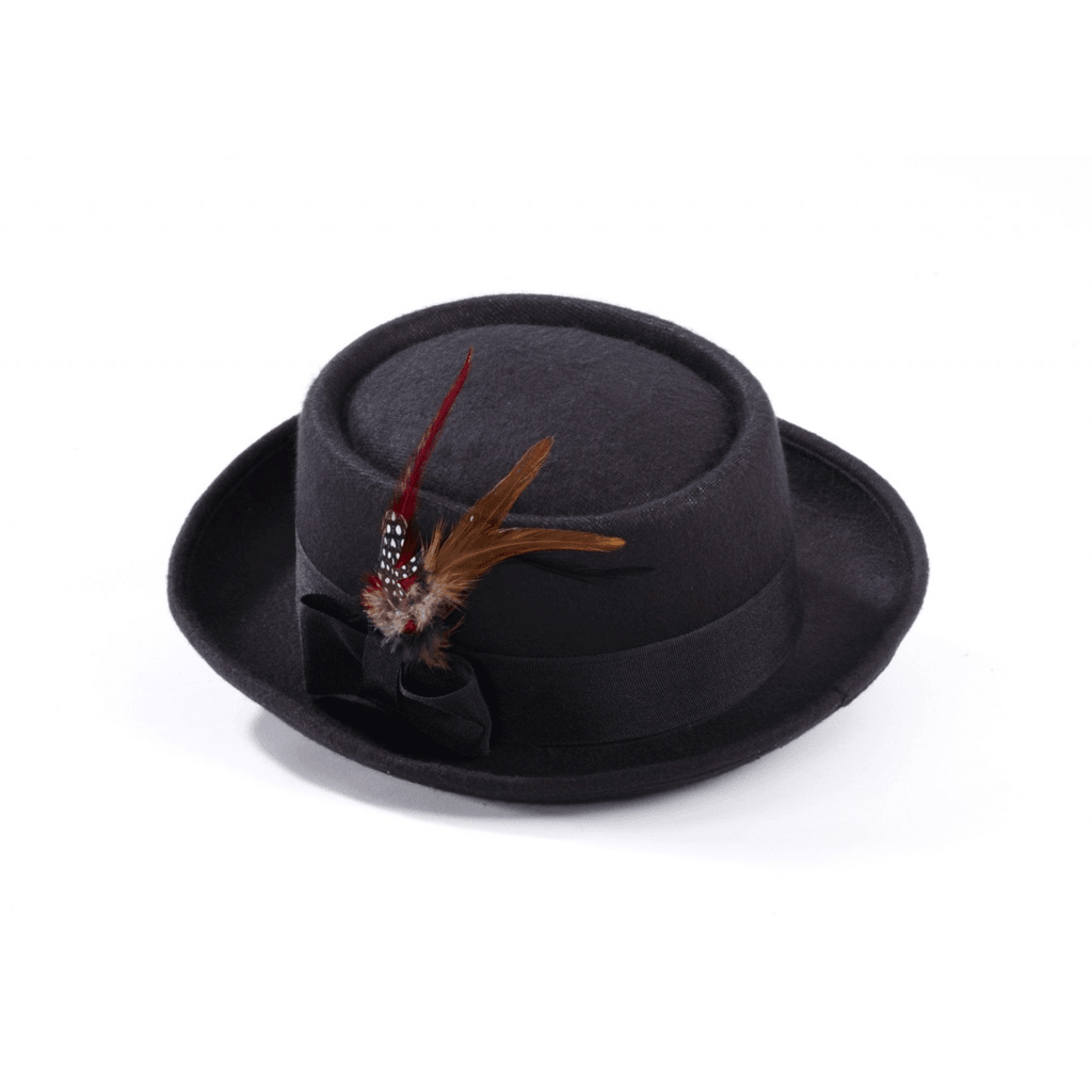 Roaring 20s Black Pork Pie Feather Hat