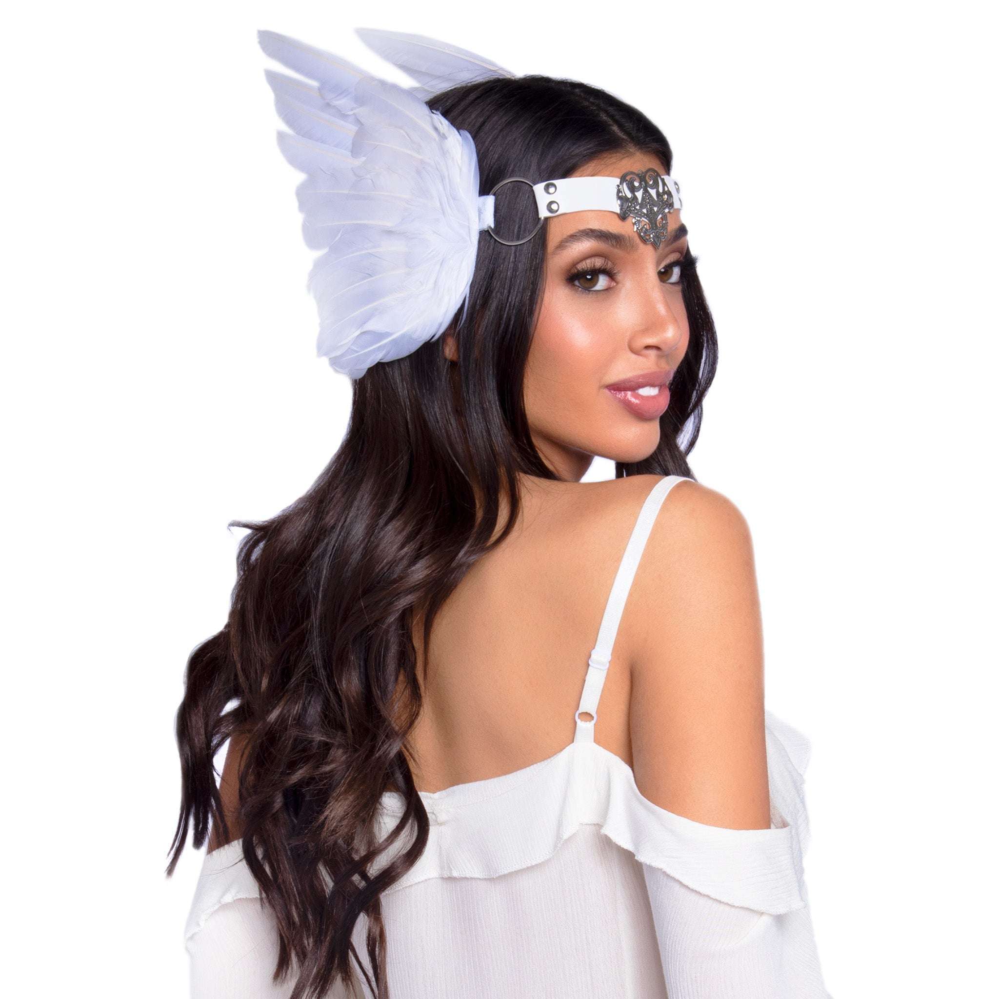 Feather Headband w/ O-Ring Metal Filigree Medallion